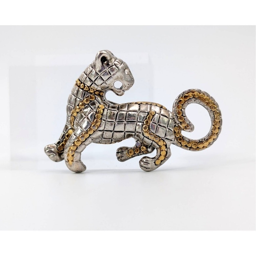Vintage Leopard Brooch Two-Tone Big‎ Cat Quilted Textured Statement Piece 80s